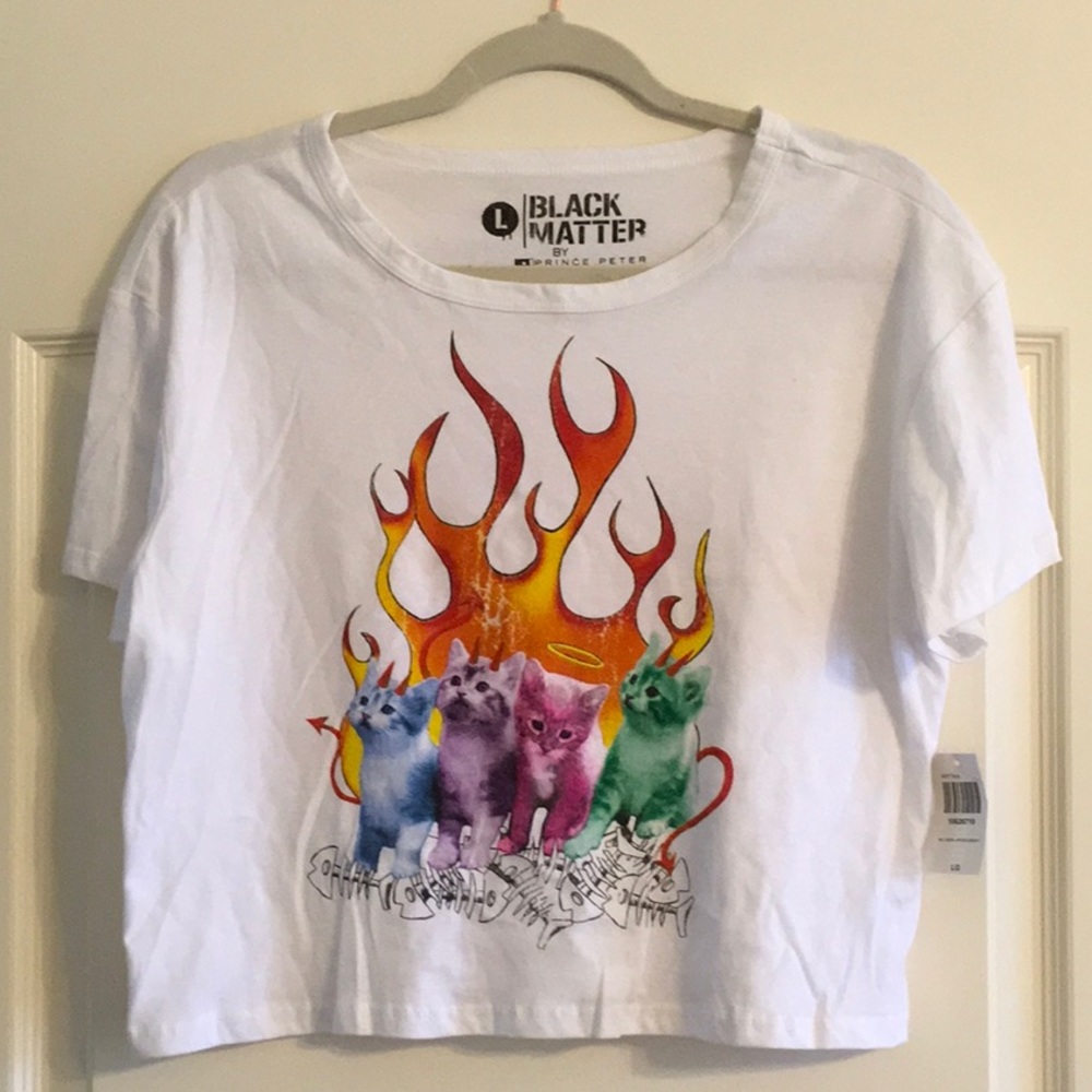 Hot Topic Black Matter by Prince Peter Devil Kitties Graphic Crop Tee Size L